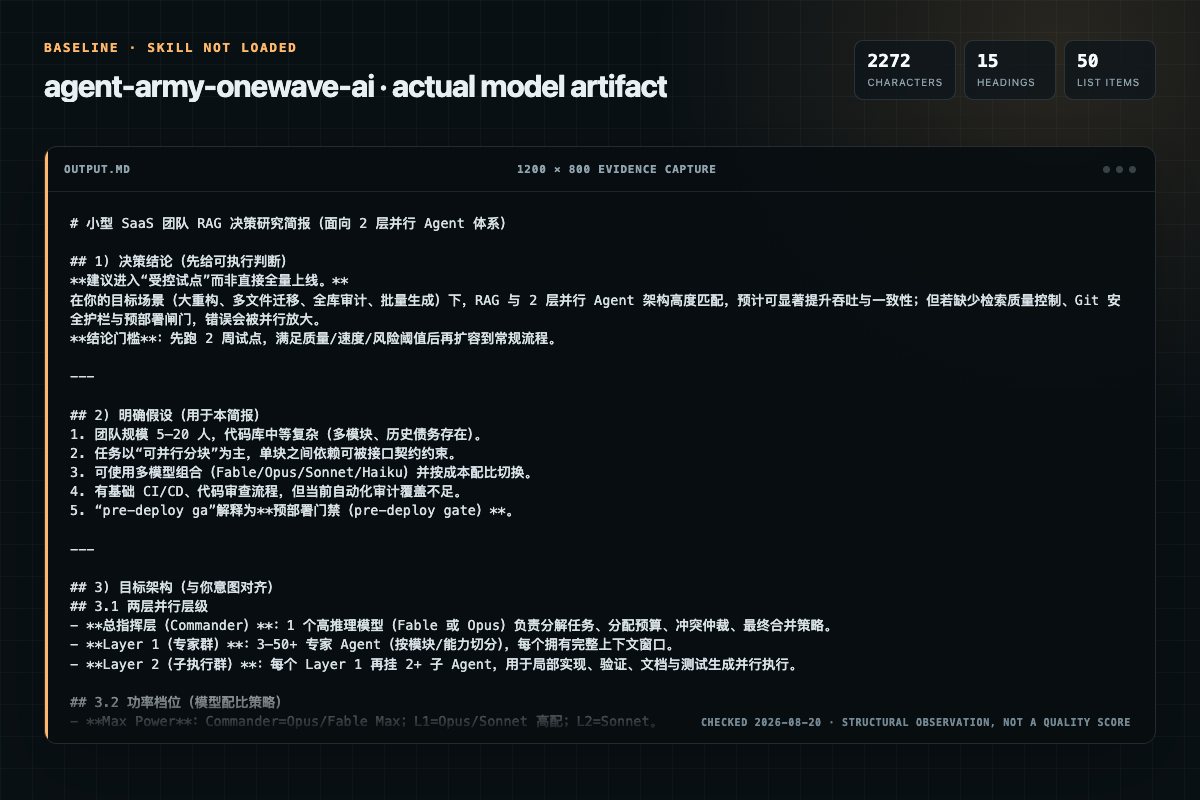 Screenshot of the actual model output for agent-army without the Skill