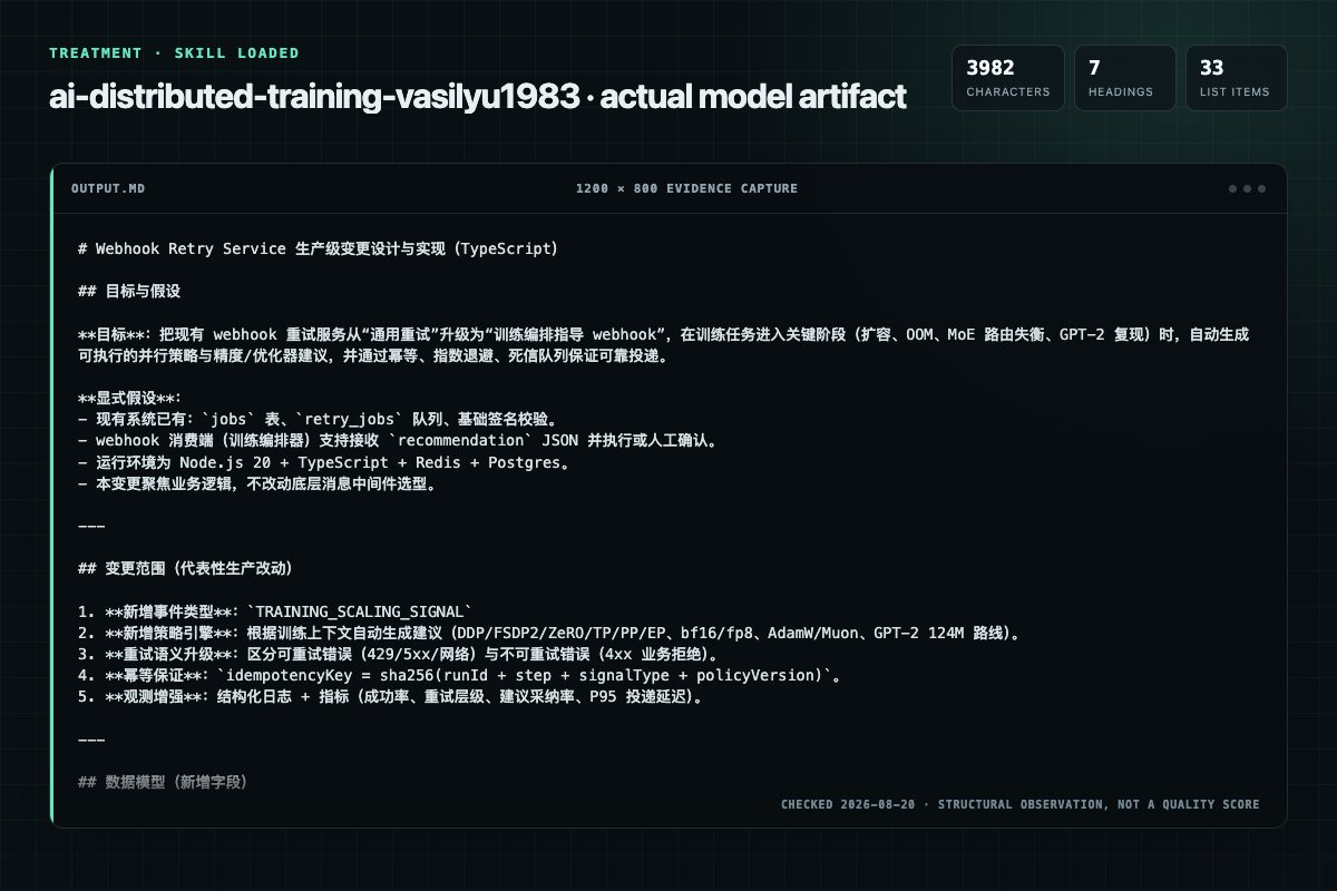 Screenshot of the actual model output for ai-distributed-training with the Skill