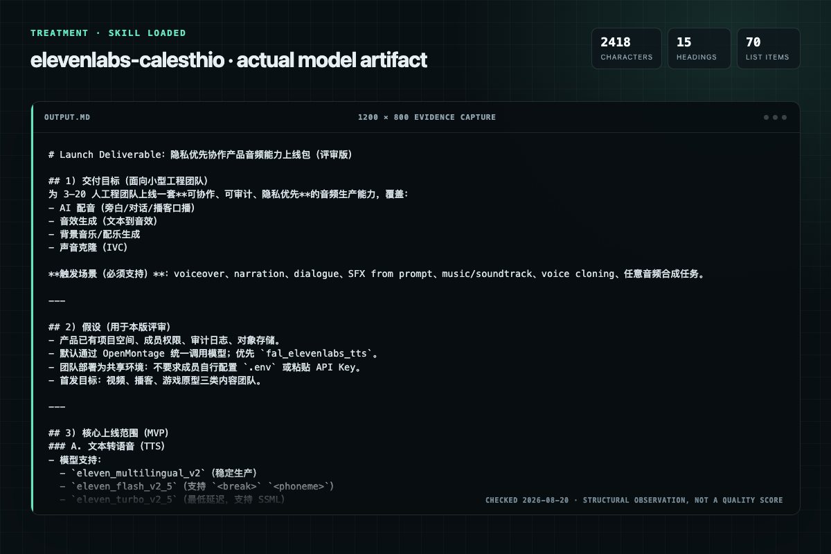 Screenshot of the actual model output for elevenlabs with the Skill