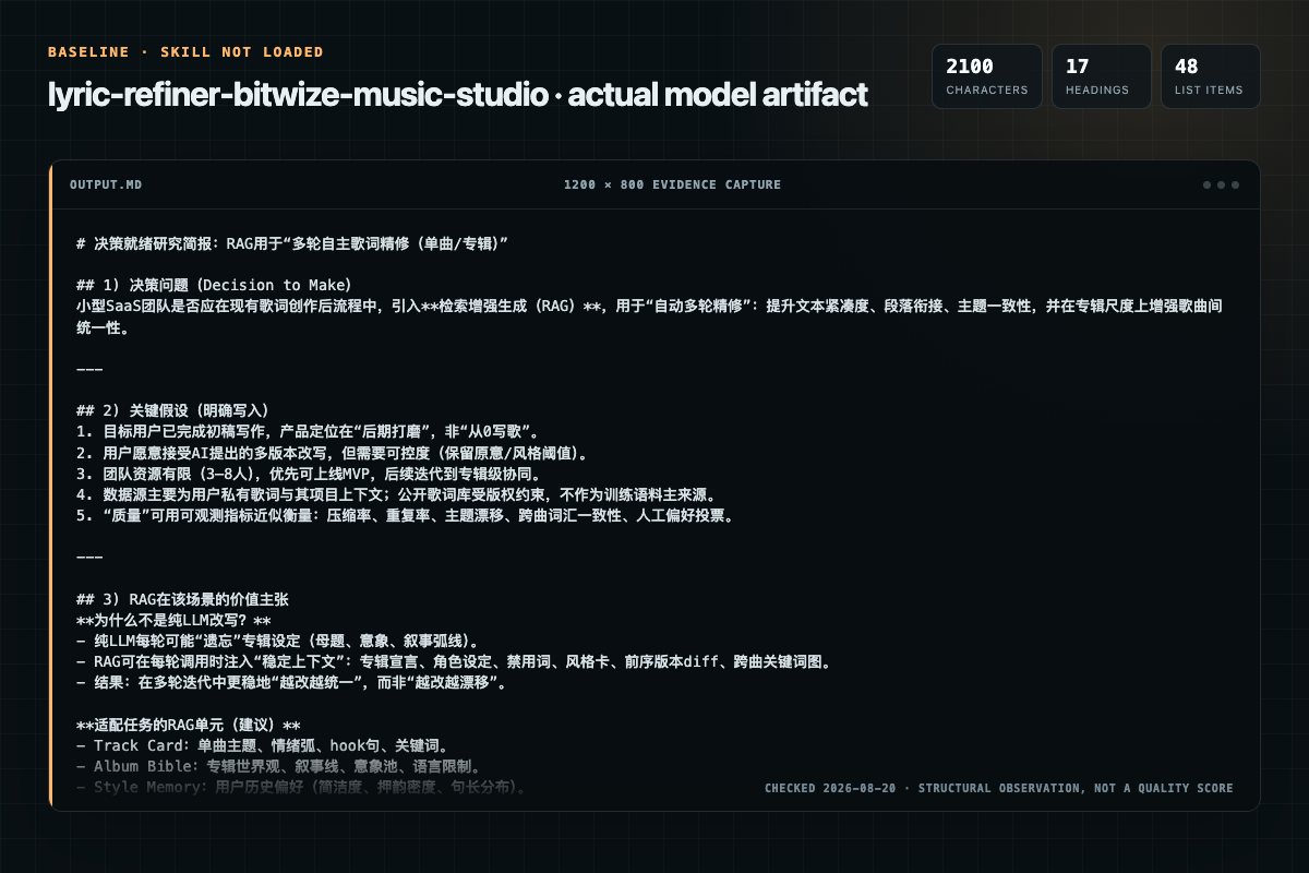 Screenshot of the actual model output for lyric-refiner without the Skill