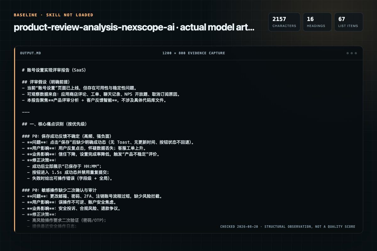 Screenshot of the actual model output for product-review-analysis without the Skill