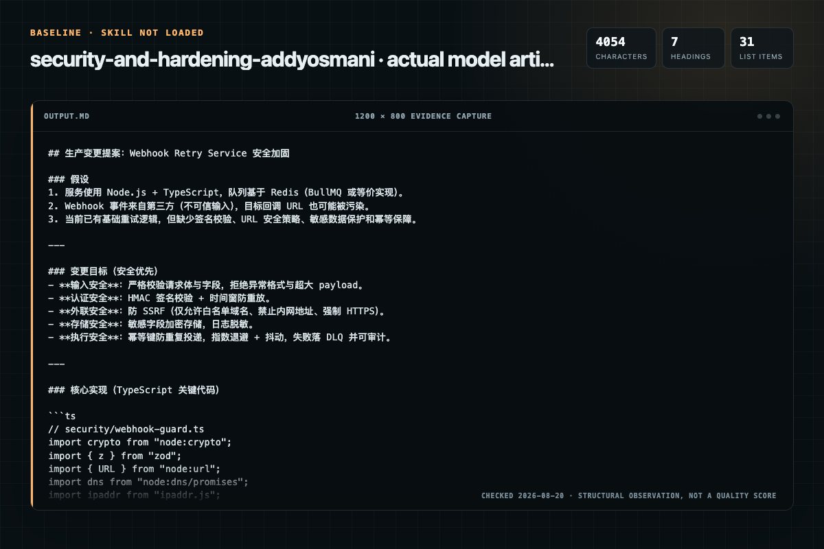Screenshot of the actual model output for security-and-hardening without the Skill