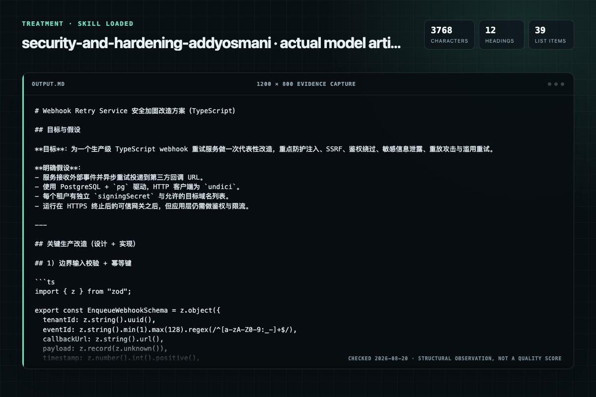 Screenshot of the actual model output for security-and-hardening with the Skill