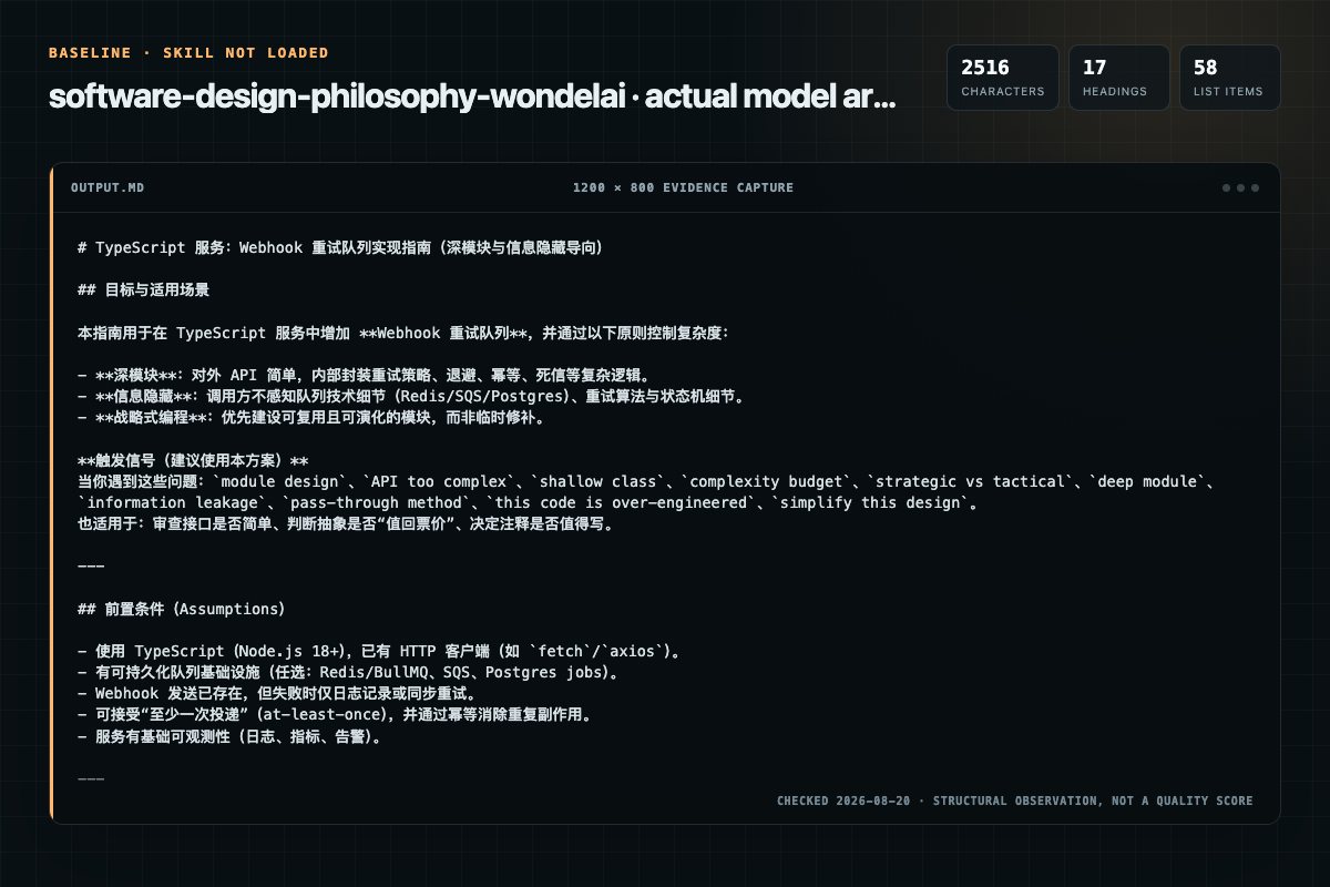 Screenshot of the actual model output for software-design-philosophy without the Skill